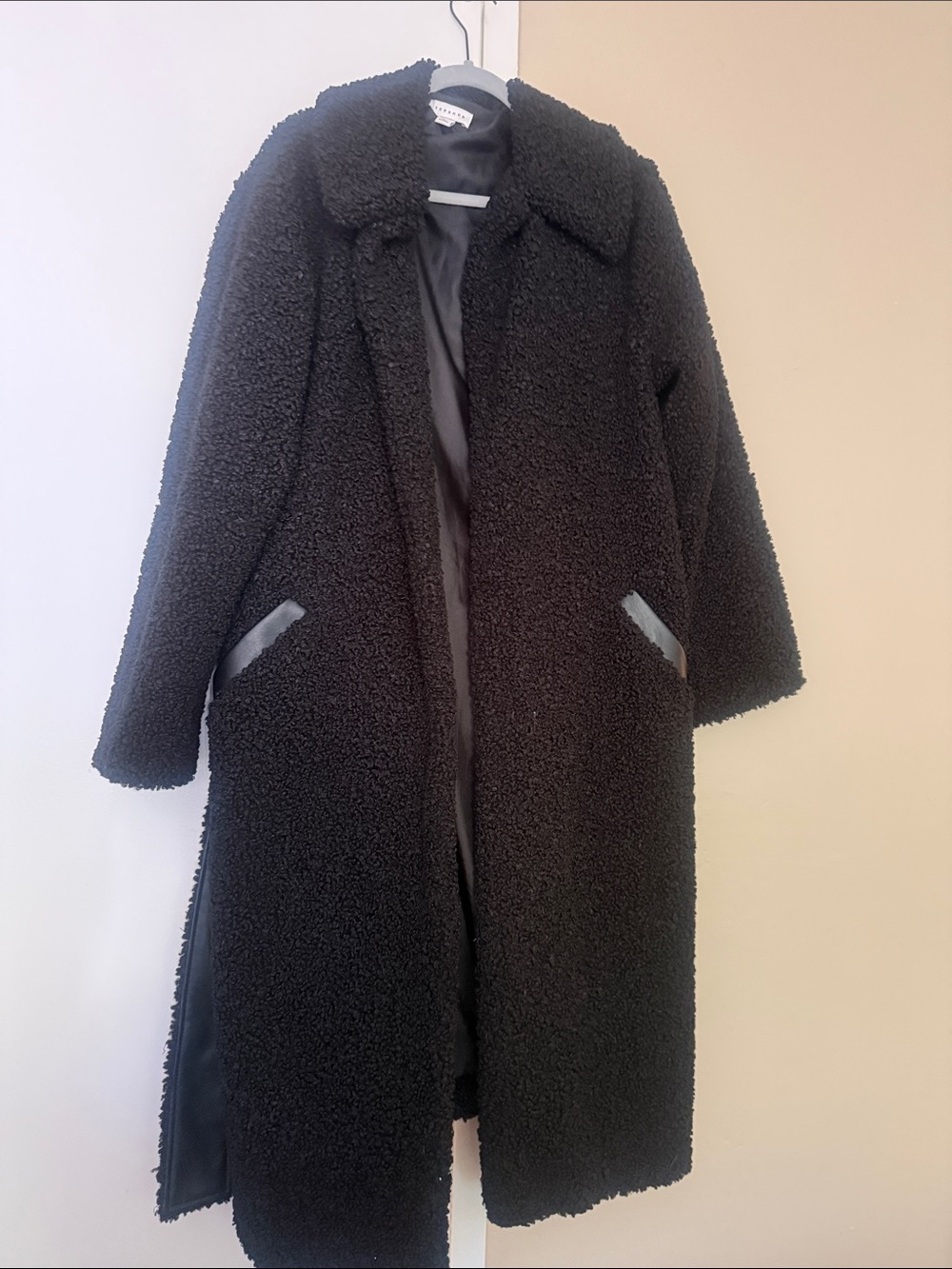 Topshop Black Teddy Faux-Shearling Long Coat